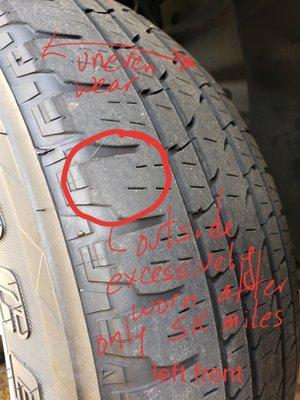 This tire has only 5k miles and was originally aligned at Sun Devil.  Look at excessive wear, I will not be back to this shop.