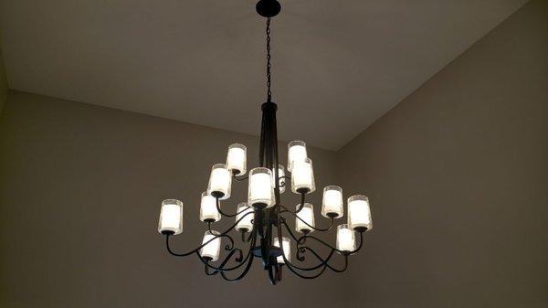 2 story chandelier install in Ivanhoe Estates, Mundelein!