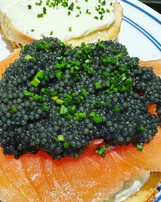 Made some bougie garlic bagels with lox, cream cheese, beluga caviar and chives.