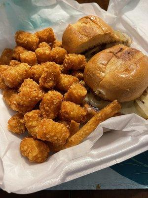 BBQ burger with tater tots