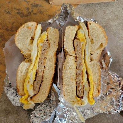 Sausage, Egg, Cheese on and Everything Bagel