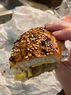 Breakfast bagel sandwich on double sided everything bagel!