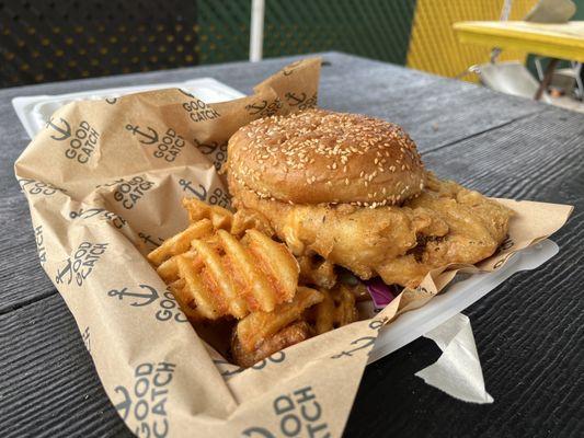 BEER BATTERED CAULI CHIKN SANDWICH  WAFFLE FRIES