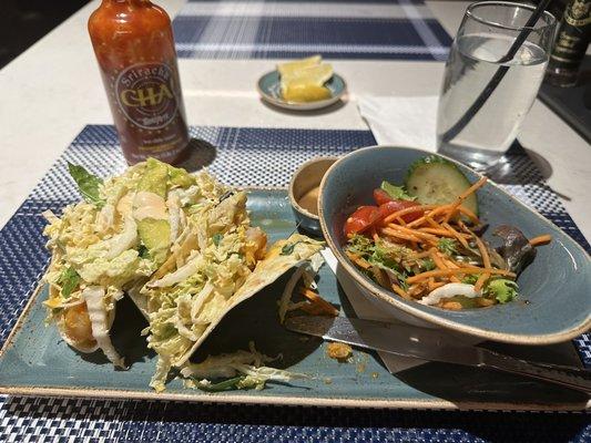 Boom Boom shrimp tacos & salad w/balsamic vinaigrette. Salad good, but rest lacking flavor including she crab not worthy to picture.