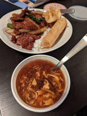 Mongolian beef and hot & sour soup