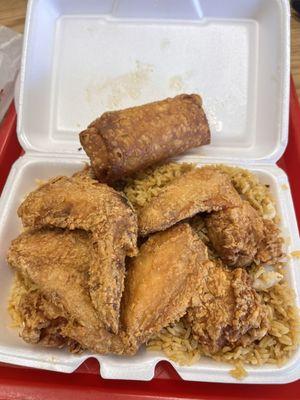 Pork egg role, chicken fried rice, chicken wings