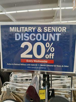 Military and senior 20% off discount EVERY Wednesday not the first of the month.