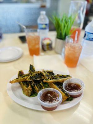 Collard green egg rolls and peach tea lemonade