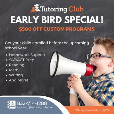 $500 Off Custom Tutoring Program! Enroll by July 31st, 2022 to receive this offer!