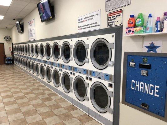 Coin change machines and 50 dryers. Free dryers for washing customers