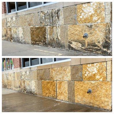 Up top, a photo of a local store that attempted to Power Wash their stone.  On bottom, our softer safer approach to restoring stone.