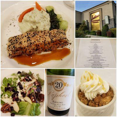 TLo's LI Restaurant Week's Picks 5.2.21 Sesame Crusted Scottish Salmon, Pear & Gorgonzola, Apple Cobbler paired w/semi dry Raphael Reisling