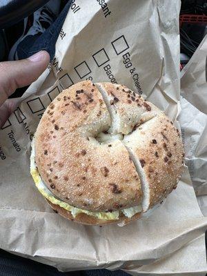 Turkey sausage egg and cheese on onion bagel