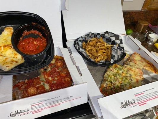 Small deep dish, garlic bread with mozzarella, curly fries, Large thin with green pepper and mushroom