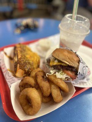 Single cheeseburger with onion rings and a chili cheese dog  All were amazing