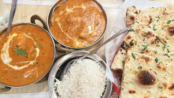 Matar Paneer, Chicken Tikka Masala, Basmati Rice, Garlic Cilantro Naan - everything is 5/5 amazing as usual.