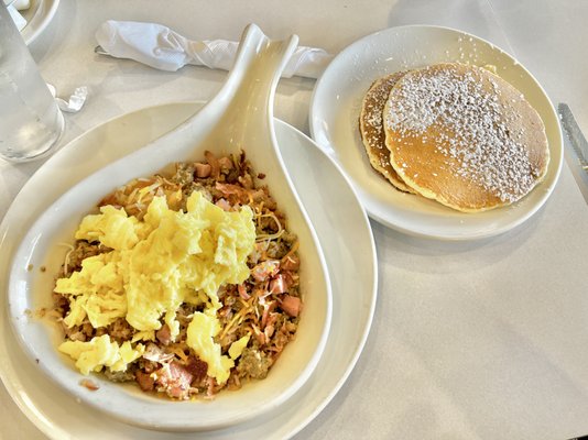 Meat Lovers Skillet w/ a side of pancakes. ($12)