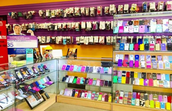 The accessories displayed in the phone store.