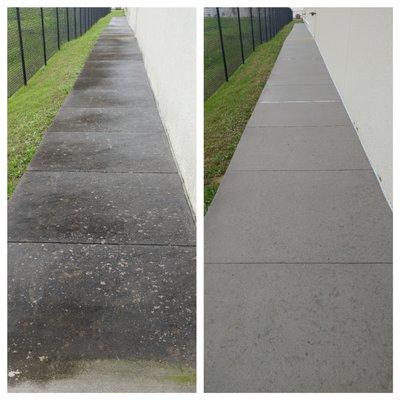 Before and after of a commercial walkway.