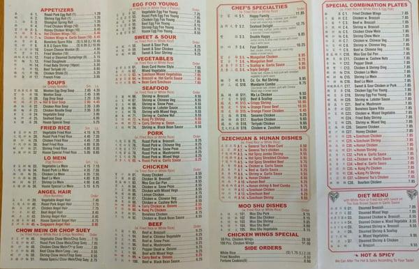 Picture of menu at China One.