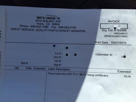 Smog Check Invoice