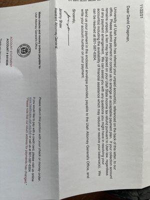 Nasty letter from the Utah Attorney General's office demanding payment just a few weeks after the date of service