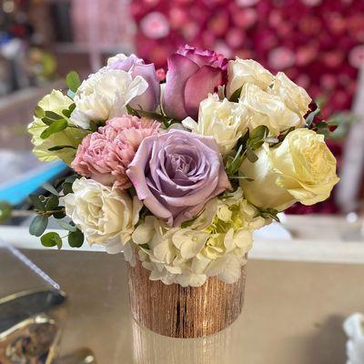 Rose gold vase arrangement mixed roses, carnations, hydrangeas