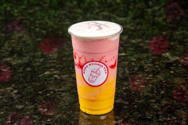 Strawberry Delight
made freshly handcrafted signature drinks, Custard, strawberry smoothie, strawberry drizzle and cheesefoam on top.