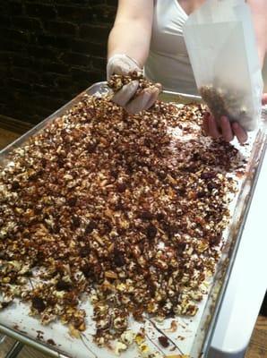 Behind the scenes. Prepping for Day Life - chocolate caramel popcorn with fleur de sel, Sichuan pepper and ganache.