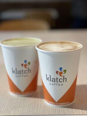 Oatmilk latte and Matcha latte