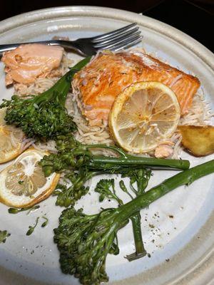 Smoked lemon trout and broccolini on tomato rice.