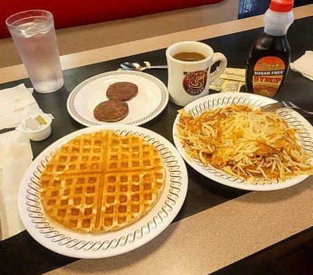 9/15/23 Waffle Double order  hash browns scattered light Sausage patties Cawfee