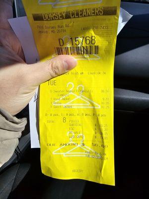 The receipt for dry cleaning