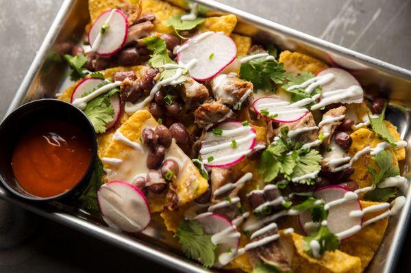 Nachos: pork carnitas, cheese sauce, red beans, radish, cilantro, lime cream, scallions.