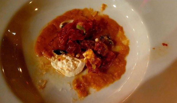 Tuna with tomato sauce and creamy burrata.   Full of flavor.