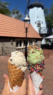 Green tea ice cream with dipped cone, Cookies and cream with waffle cone