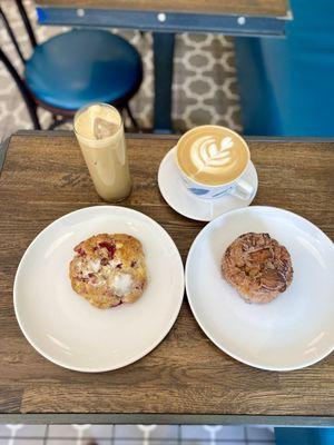 Iced Latte with raspberry scone. Hot latte with monkey bread.