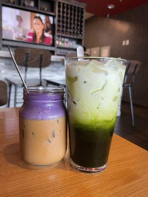 Ube coffee and green matcha Thai tea