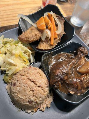 2 Meat Combo - fish filet, Brown Stew Chicken (amazing), Rice & peas and cabbage