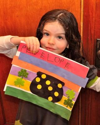 Penelope is very proud of the St. Patrick's Day art project she made in Ms. Andrea's class!!!