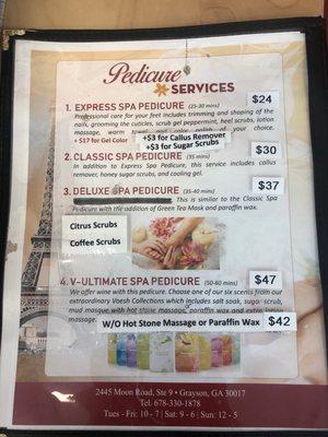 Pedicure Menu