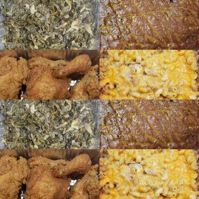 FRIED CHICKEN, BAKED MAC, CREAMY COLLARDS, SALTED CARMEL BROWNIE