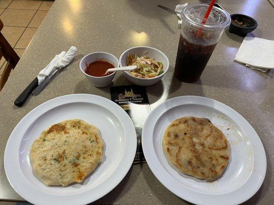 Cheese and Jalapeño pupusa on the left. Pupusa revuelta (cheese, beans, chicharron) on the right. Highly recommend the revueltas.