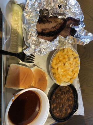 Medium brisket with Mac n cheese and baked beans