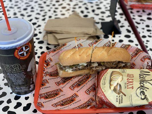 Medium Steak and Cheese Sub, lime coco-cola, miss vickie's sea salt chips.