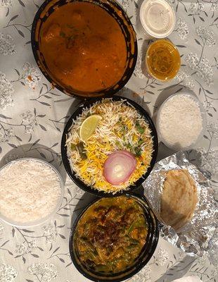 Veg Biryani (gf), Butter Chicken (gf), and veg Mixed vegetable Kurma (vg/gf)