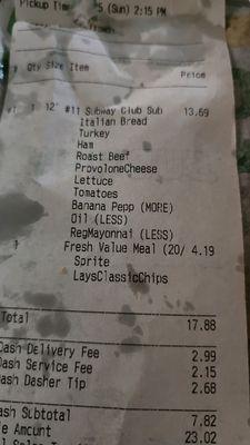 Original receipt showing extra banana peppers and little mayo.