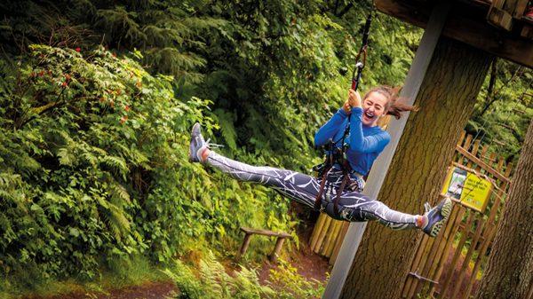 Extreme adventure on the Go Ape Tarzan swing! One of 45 different obstacles throughout the ropes course.