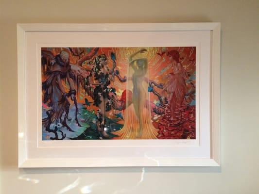 Fine art print (artist: James Jean) 34X48 including frame.  White matte, high gloss white frame. Showstopper, for sure.