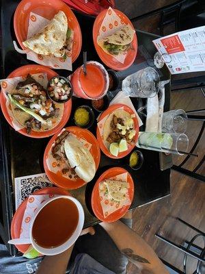 Pastor, Arrachera Steak, & Gober tacos with a Pastor sub and spicy shrimp soup (no shrimp was in the soup, just the broth ???)